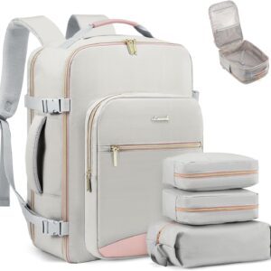 LOVEVOOK Carry on Travel Backpack, 40L Waterproof Large 17inch Laptop Luggage Daypack as Personal Item Flight Approved, Business Weekender Overnight with 3 Packing Cubes, Light gray-Pink